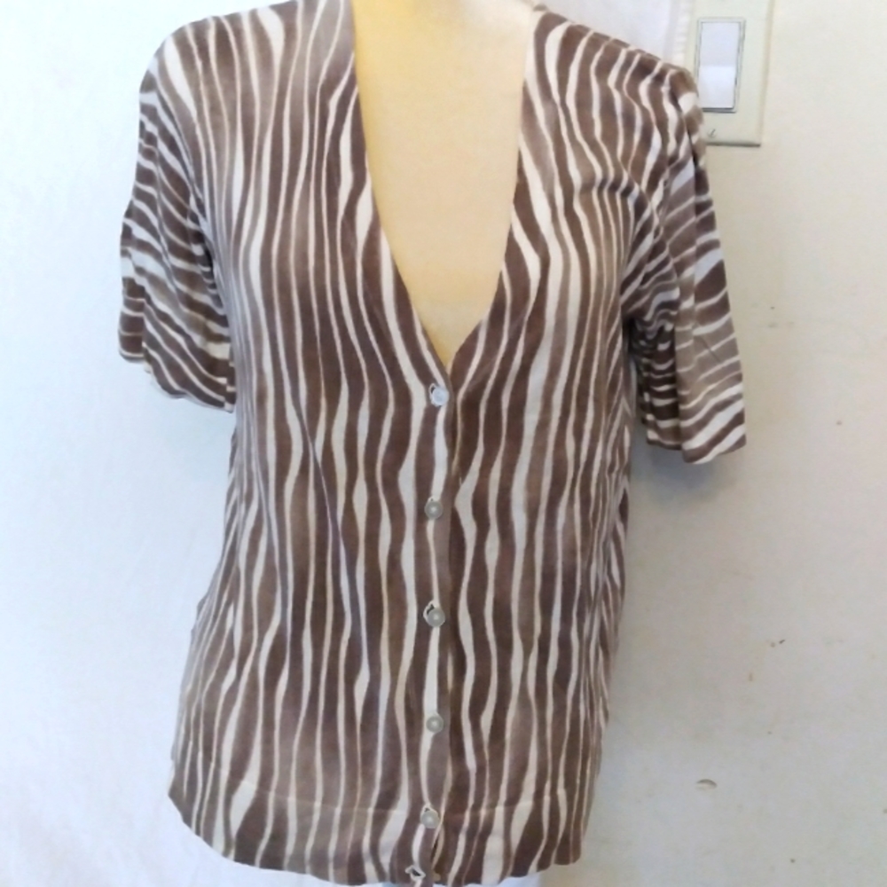 Ann Taylor zebra stripe tan jersey top/cardigan sz L